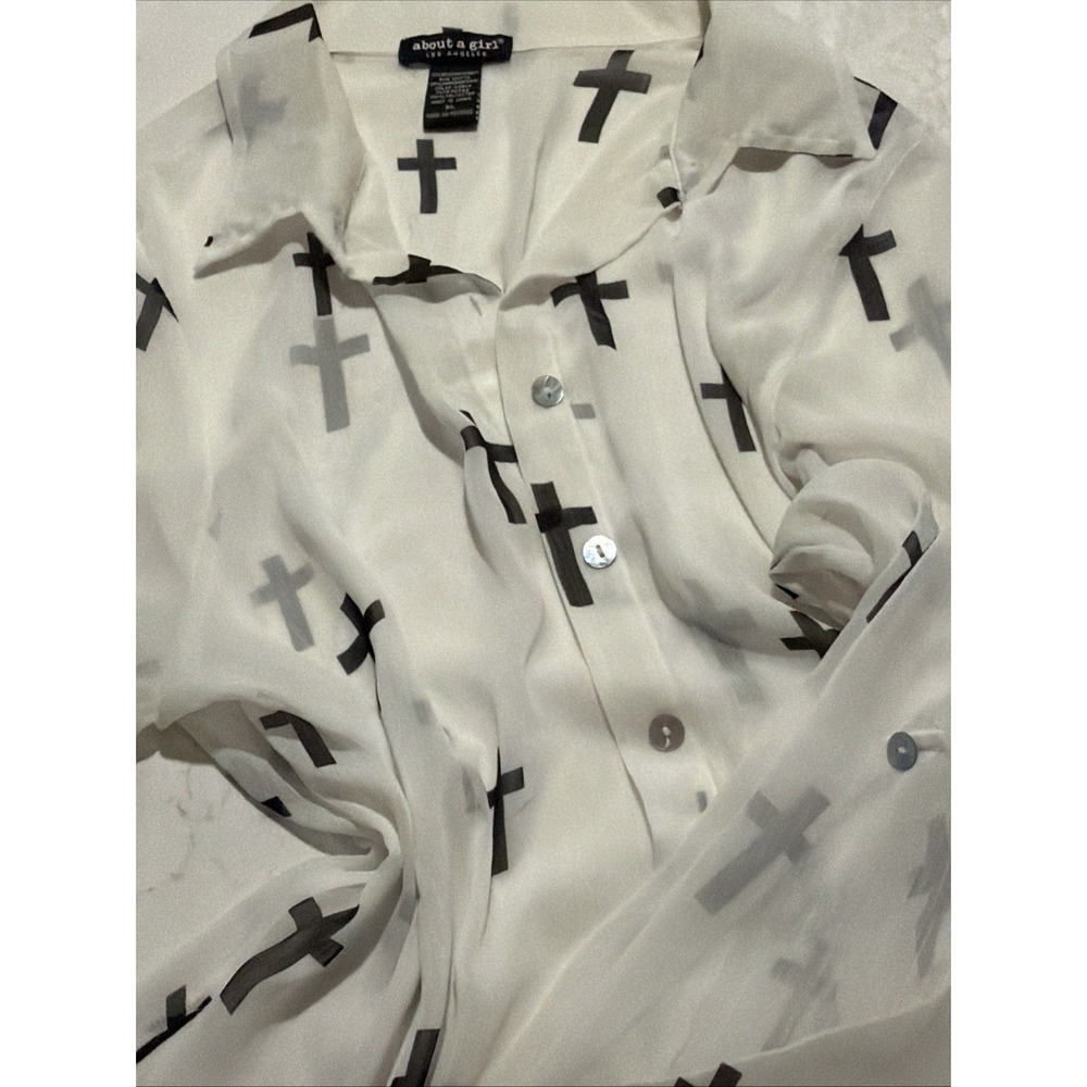 About A Girl Los Angeles Sheer white Blouse w/Crosses Checked Roll Tab Sleeve XL - Picture 5 of 5